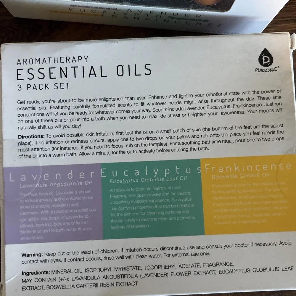 3 PACK Pursonic‎ Essential Oils with Therapeutic Grade 100% Natural